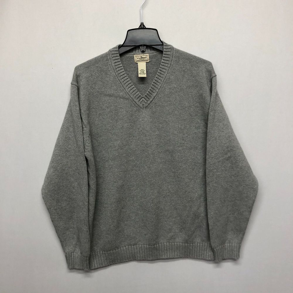 LL Bean Men V-Neck Pullover Cotton Knit Sweater Top Size Large Gray B214 -8